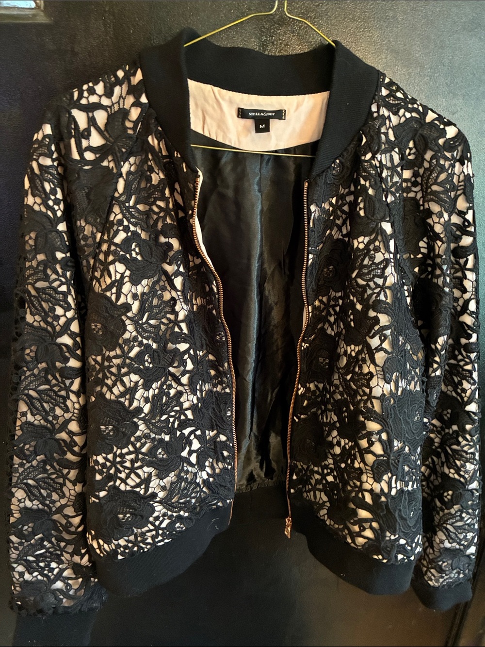 Stella & Dot Danielle Black Lace Bomber Jacket with Pinkish Tan Underlay M
